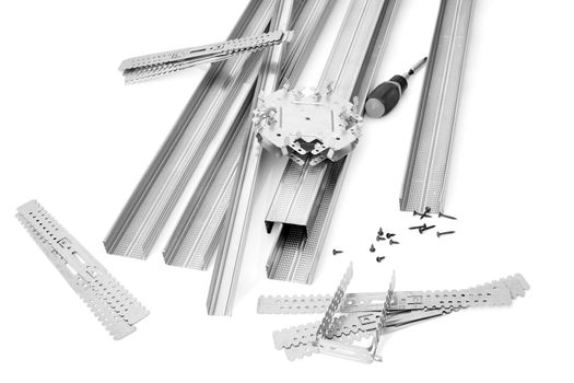 Components and fixture for installation of gypsum panels on the white background
