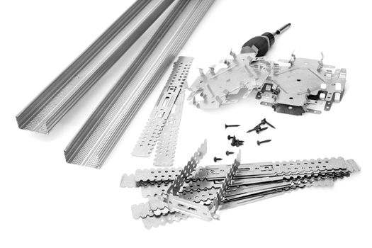 Many components for installation of gypsum panels on the white background