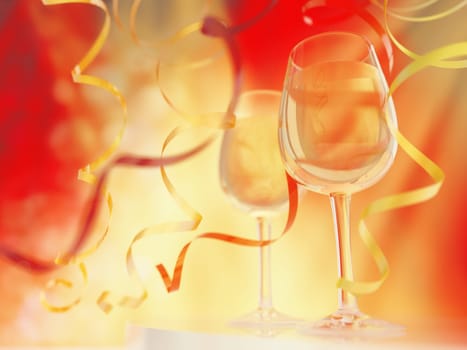 Champagne in glasses on a bright yellow and red background