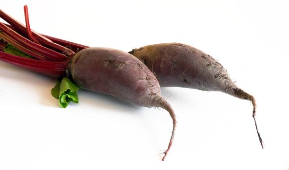 two raw beet roots over white background