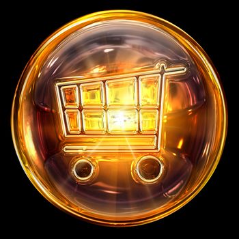 shopping cart icon fire, isolated on black background