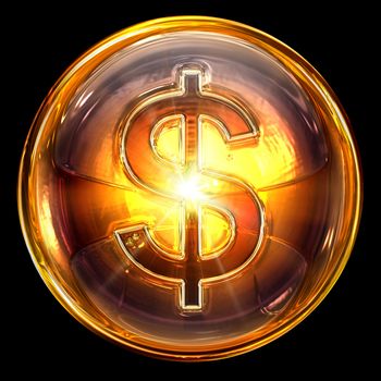 dollar icon fire, isolated on black background.