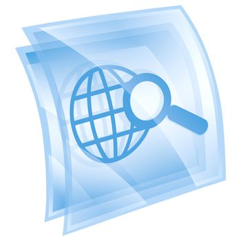 magnifier and globe icon blue square, isolated on white background.