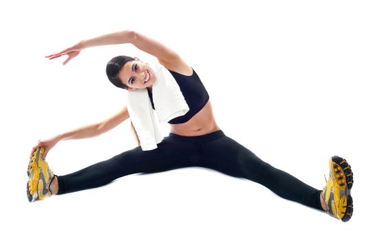 Sporty teenager doing flexibility exercises. All on white background