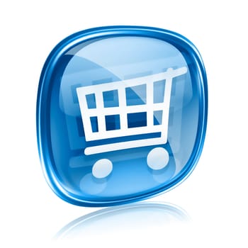 shopping cart icon blue glass, isolated on white background.