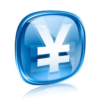 Yen icon blue glass, isolated on white background