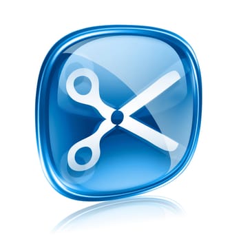 scissors icon blue glass, isolated on white background. 