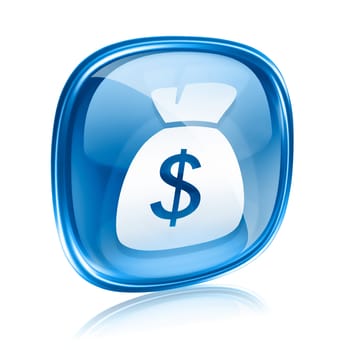 dollar icon blue glass, isolated on white background.