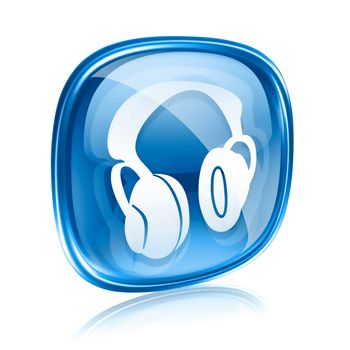 headphones icon blue glass, isolated on white background.