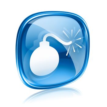 bomb icon blue glass, isolated on white background.