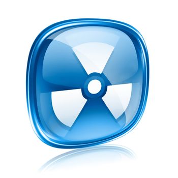 Radioactive icon blue glass, isolated on white background.