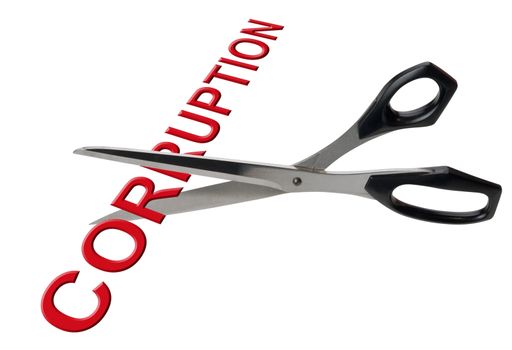 Scissors Cutting the word corruption, isolated