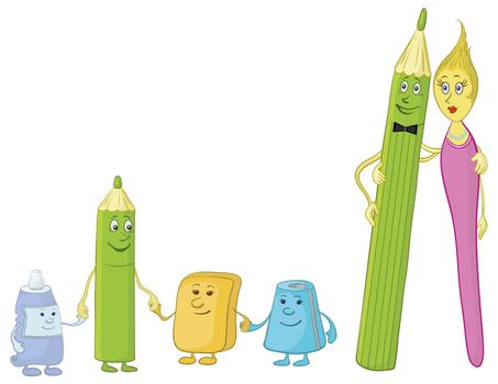 Cartoon, stationery family: pencils, brush, tube, eraser and pencil sharpener