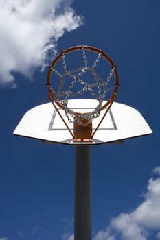 Basket hoop from Low Angle view towards blue sky