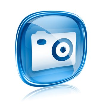 Camera icon blue glass, isolated on white background