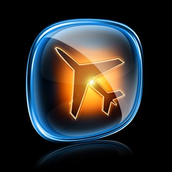 Airplane icon neon, isolated on black background.