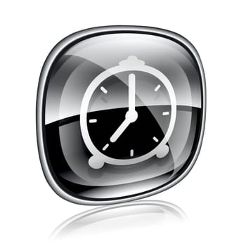 Clock icon black glass, isolated on white background