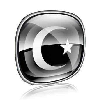 moon and star icon black glass, isolated on white background.