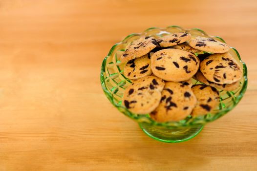 Chocolate chip cookies in a glass bowl. Ready to be served