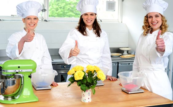 Professional female chefs showing thumbs up. Shot in kitchen