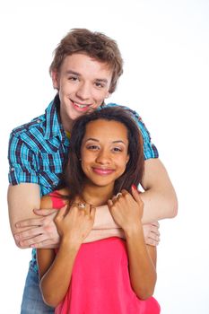 Smiling young man with pretty girlfriend. Isolated on white background.