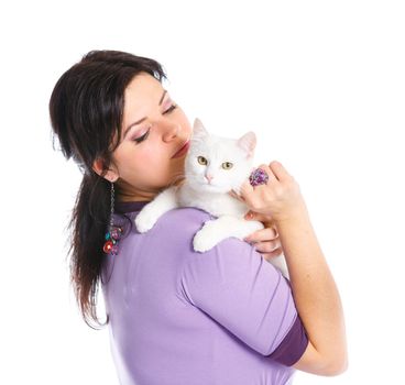 Young pretty woman hold her lovely white cat. Isolated on a white background