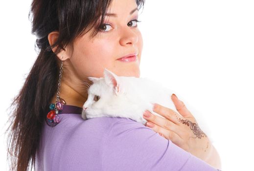 Young pretty woman hold her lovely white cat. Isolated on a white background