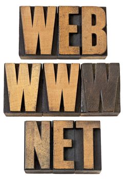 web, www, net  - internet concept - isolated text in vintage letterpress wood type