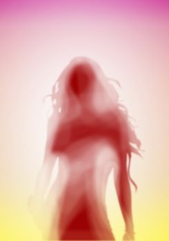 Image with a blurred female silhouette against colour background