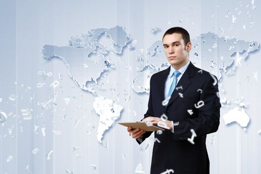 Businessman making presentation against modern technology background