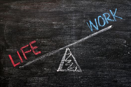 Balance of Life and Work drawn with chalk on a wooden blackboard