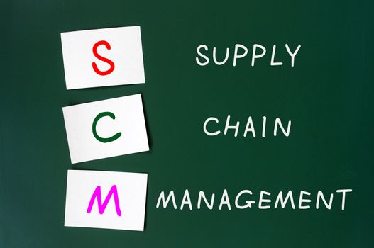 Acronym of SCM for supply chain management on a green chalkboard with sticky notes