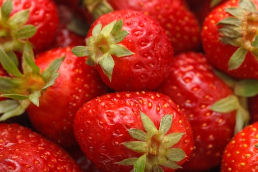 Fresh Strawberries with Green Leaf, closeup