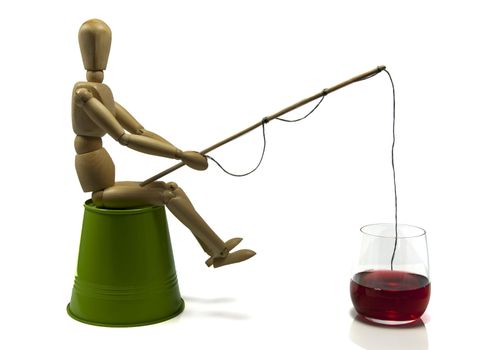 wooden doll fishing in glass with red drink