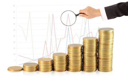Magnifying glass and lots of gold coins