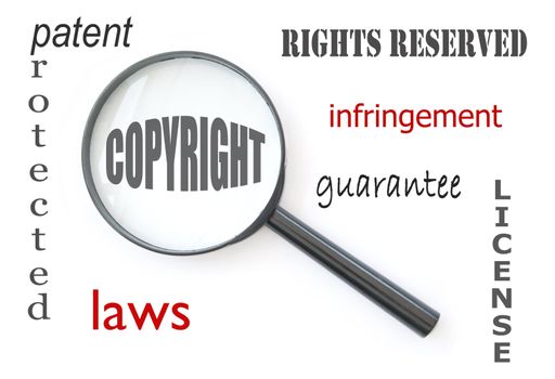 Magnifying glass focused on the word copyright with associated terms around it