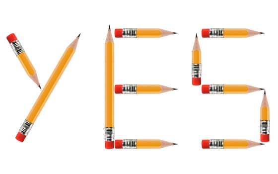 short Pencils isolated on white background arranged to spell Yes.