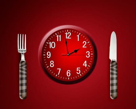 Lunch time concept, Clock in plate, knife and fork