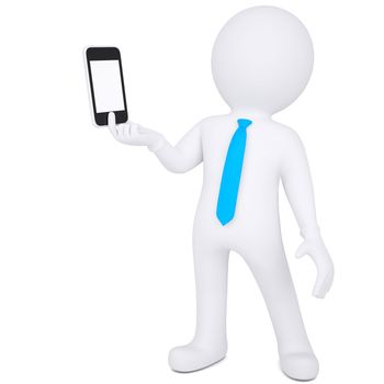 3d white man holding a smartphone. Isolated render on a white background