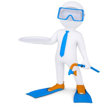3d white man with flippers holds plate. Isolated render on a white background