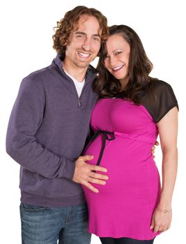 Smiling expecting parents over isolated white background