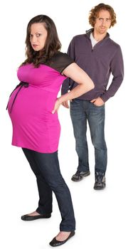 Angry pregnant woman with suspicious man on white background
