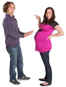 Man denying pregnant woman pointing at him