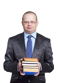 Teacher in a suit and glasses holding a book in his hands isolated on white background