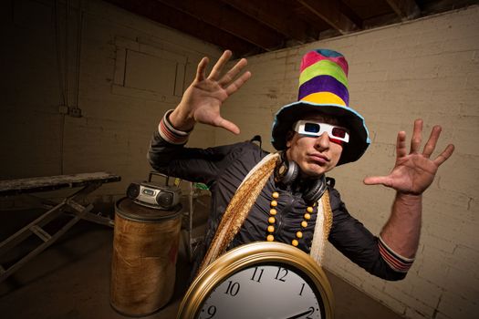 Musician with large hat and 3D glasses indoors