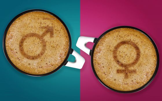 coffee art, A cup of cappuccino with male and female signs.