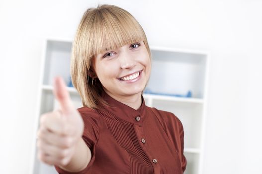 portrait of a beautiful woman, thumb up