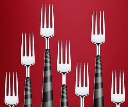 Set of forks on red background