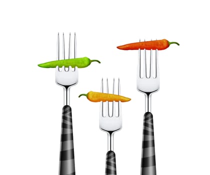 close up of Three chilies pierced by forks, isolated on white background