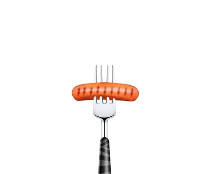 close up of hotdog pierced by fork, isolated on white background